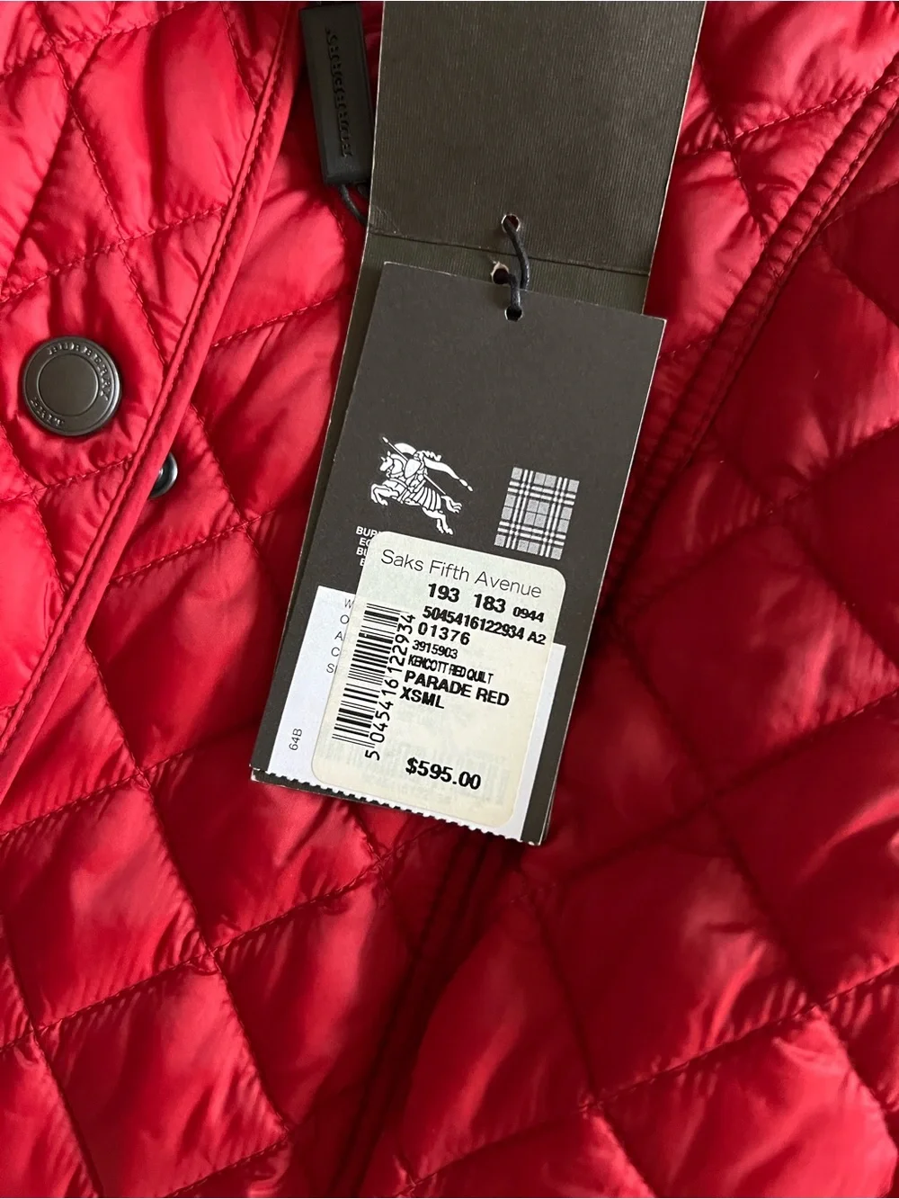 Burberry Quilted Red Snap-Front Puffer Jacket - Picture 4 of 4
